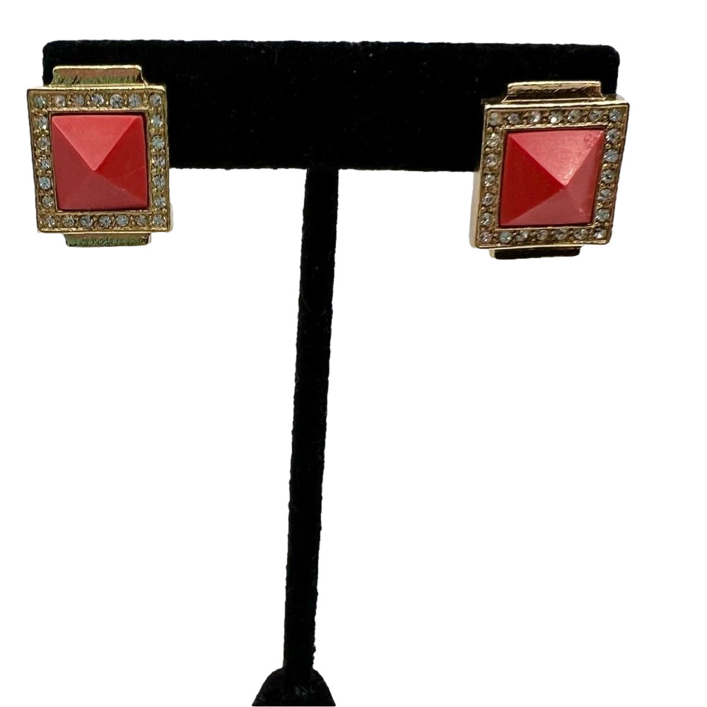 Sequin Jewelry Art Deco Coral Gold Tone Square Rhinestone Studded Earrings